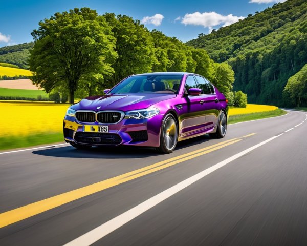 Vibrant Purple BMW M5 on Scenic Road with Nature