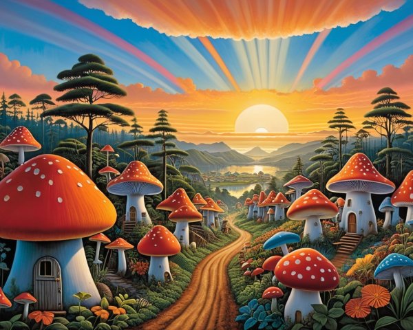 Whimsical Landscape with Oversized Mushrooms and Lake