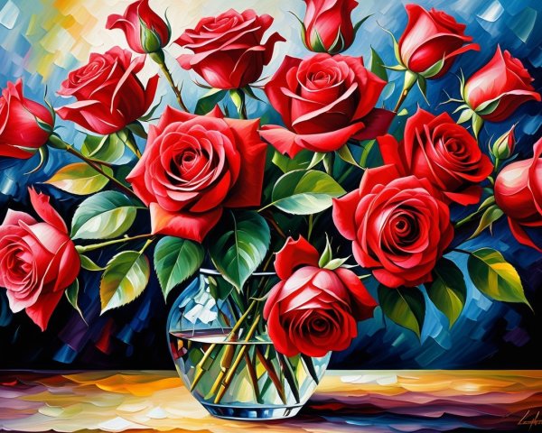 Vibrant Red Roses in Clear Glass Vase with Green Leaves