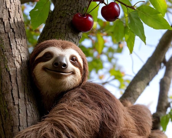 Sloth Hanging from Tree Branch in Serene Forest Setting