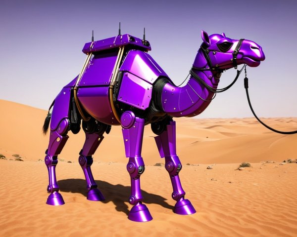 Futuristic robotic camel in a desert landscape