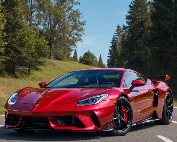 Red Sports Car on Winding Road with Lush Trees