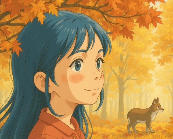 Young girl with blue hair in autumn foliage scene