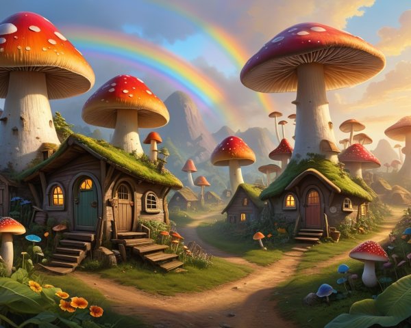 Whimsical Landscape with Oversized Mushrooms and Cottages