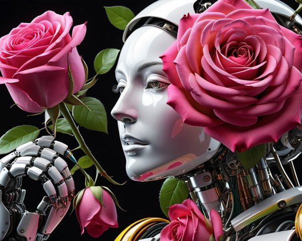 Futuristic Robot with Pink Roses and Metallic Features