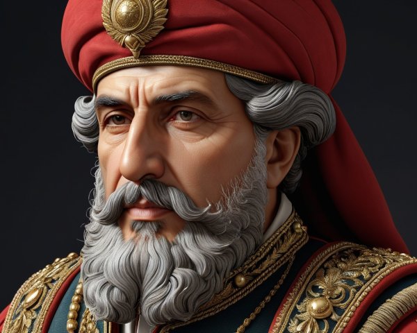 Dignified man in ornate attire with red turban