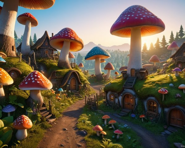 Whimsical Landscape with Colorful Oversized Mushrooms