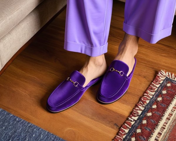 Close-Up of Purple Loafers with Gold Chain Detail