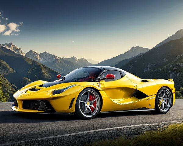 Yellow Sports Car on Mountain Road with Scenic View