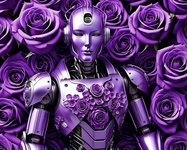 Futuristic Robot with Purple Roses Background