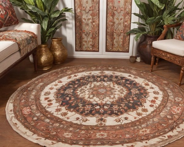 Round Area Rug with Floral Patterns in Earthy Tones