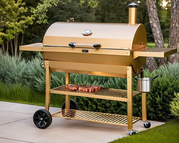 Gold Grill on Patio Surrounded by Lush Greenery