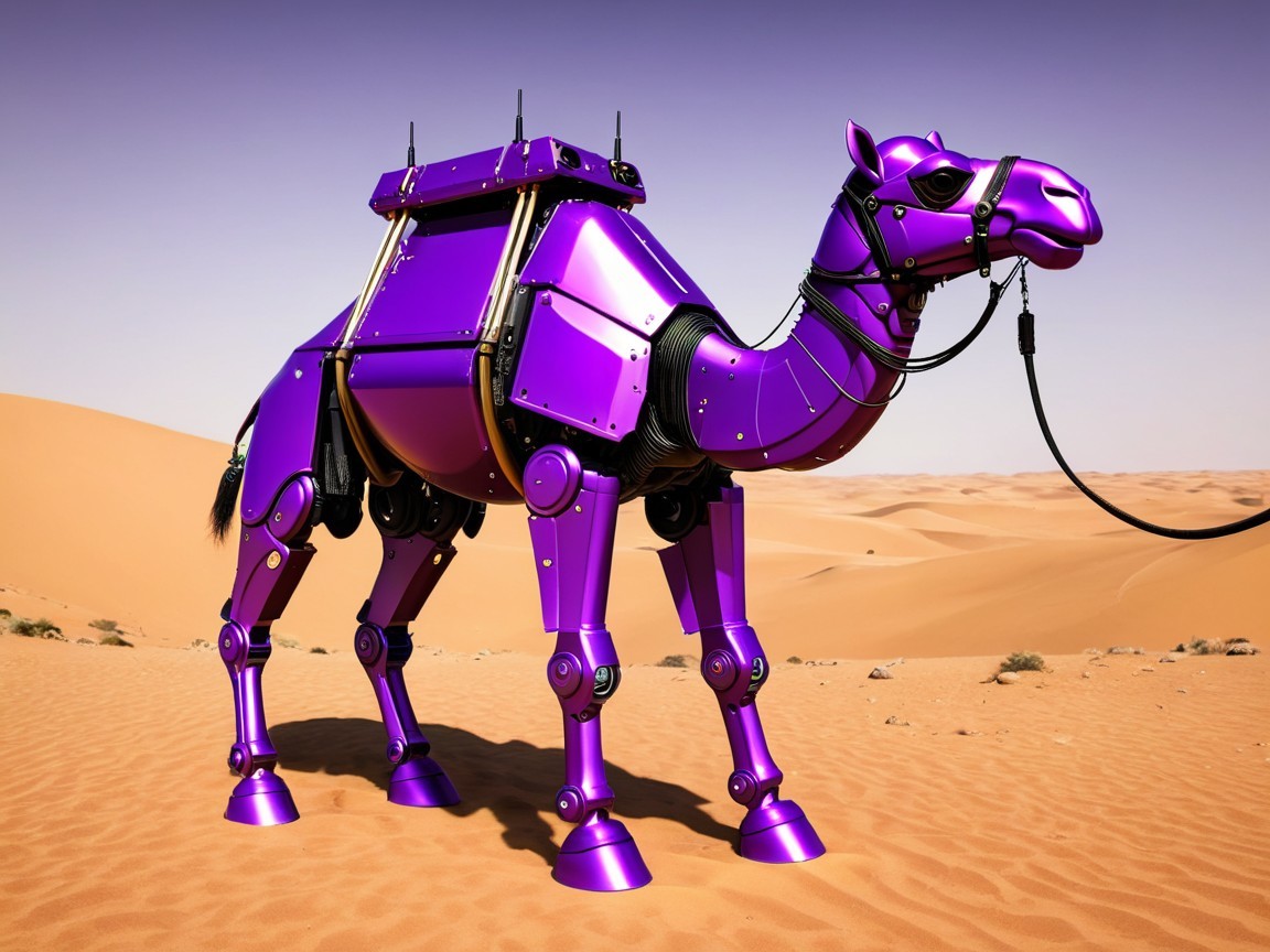 Futuristic robotic camel in a desert landscape