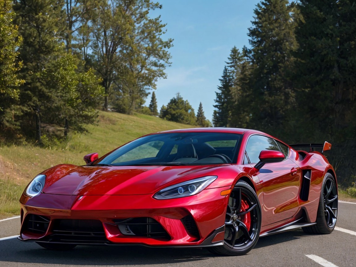 Red Sports Car on Winding Road with Lush Trees