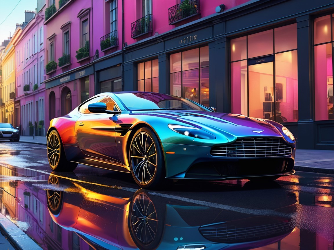 Colorful Aston Martin Parked on Wet Urban Street