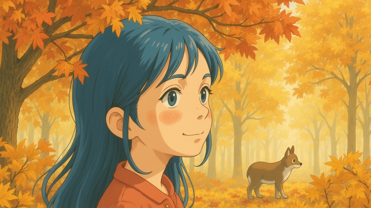 Young girl with blue hair in autumn foliage scene