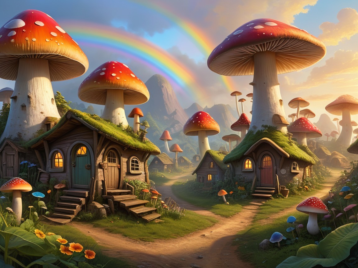 Whimsical Landscape with Oversized Mushrooms and Cottages