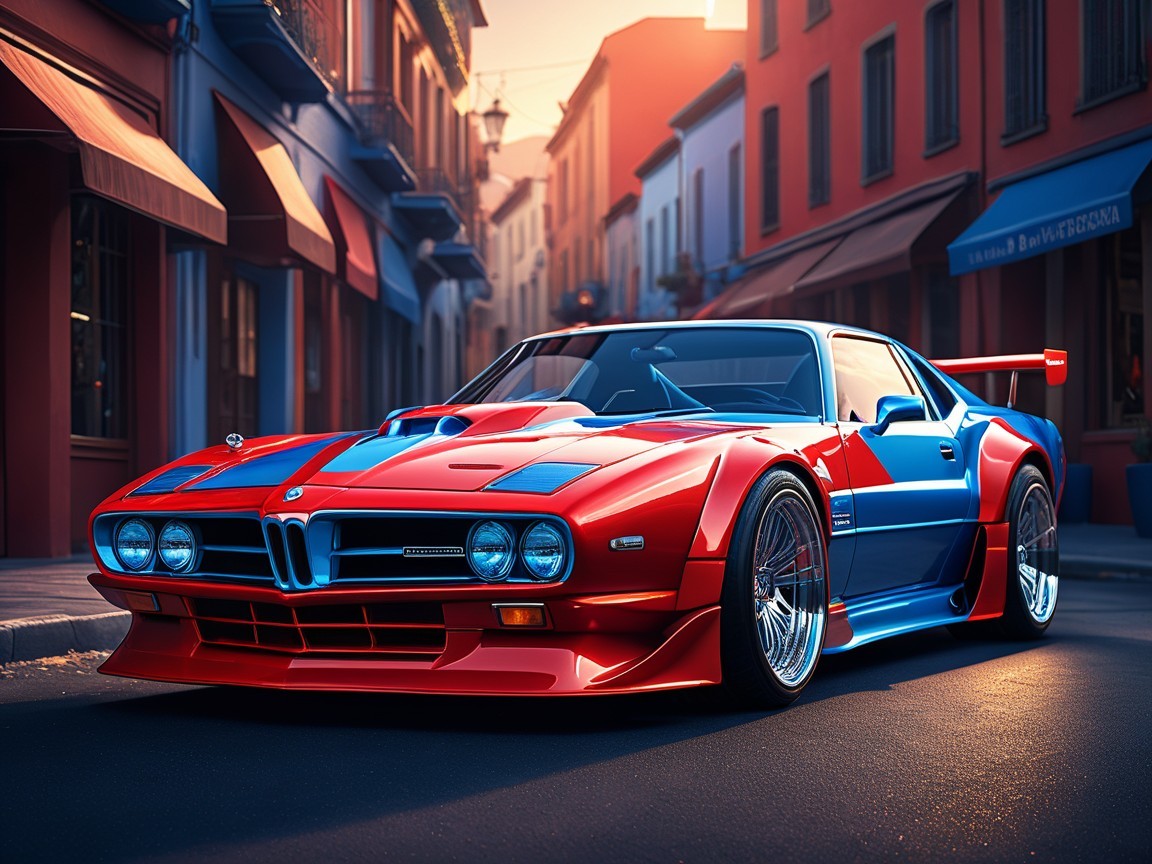 Retro Sports Car at Sunset in Urban Setting