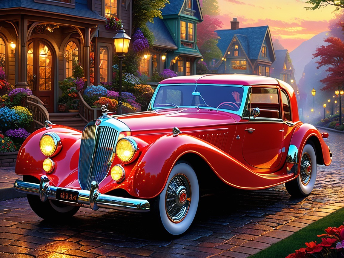Red Vintage Car on a Charming Cobblestone Street