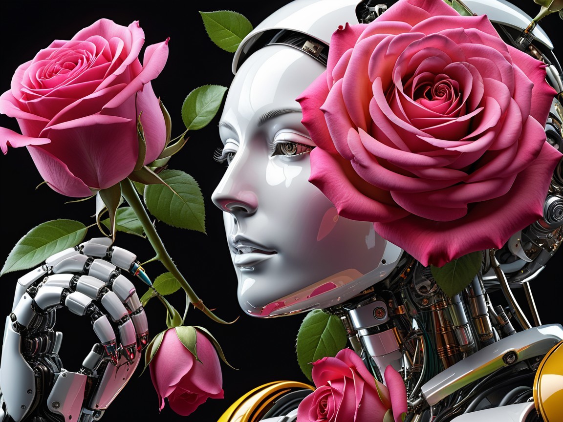 Futuristic Robot with Pink Roses and Metallic Features