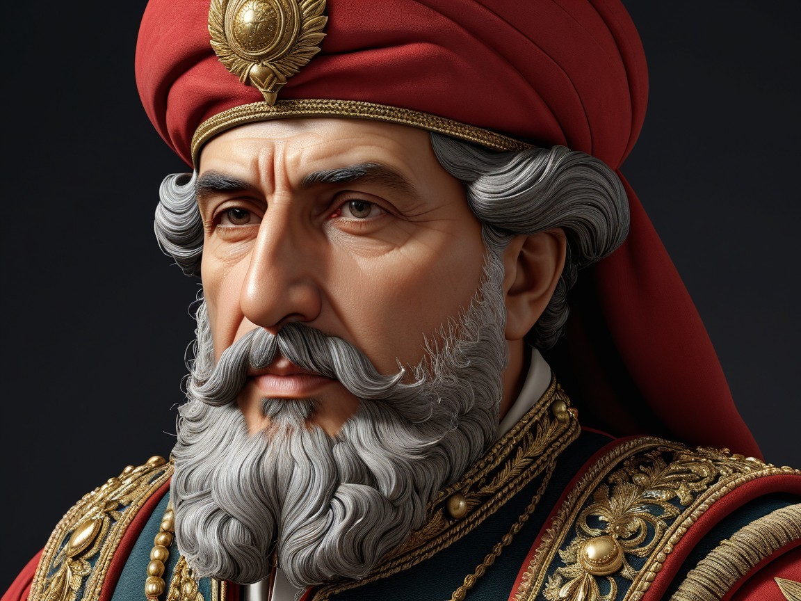 Dignified man in ornate attire with red turban