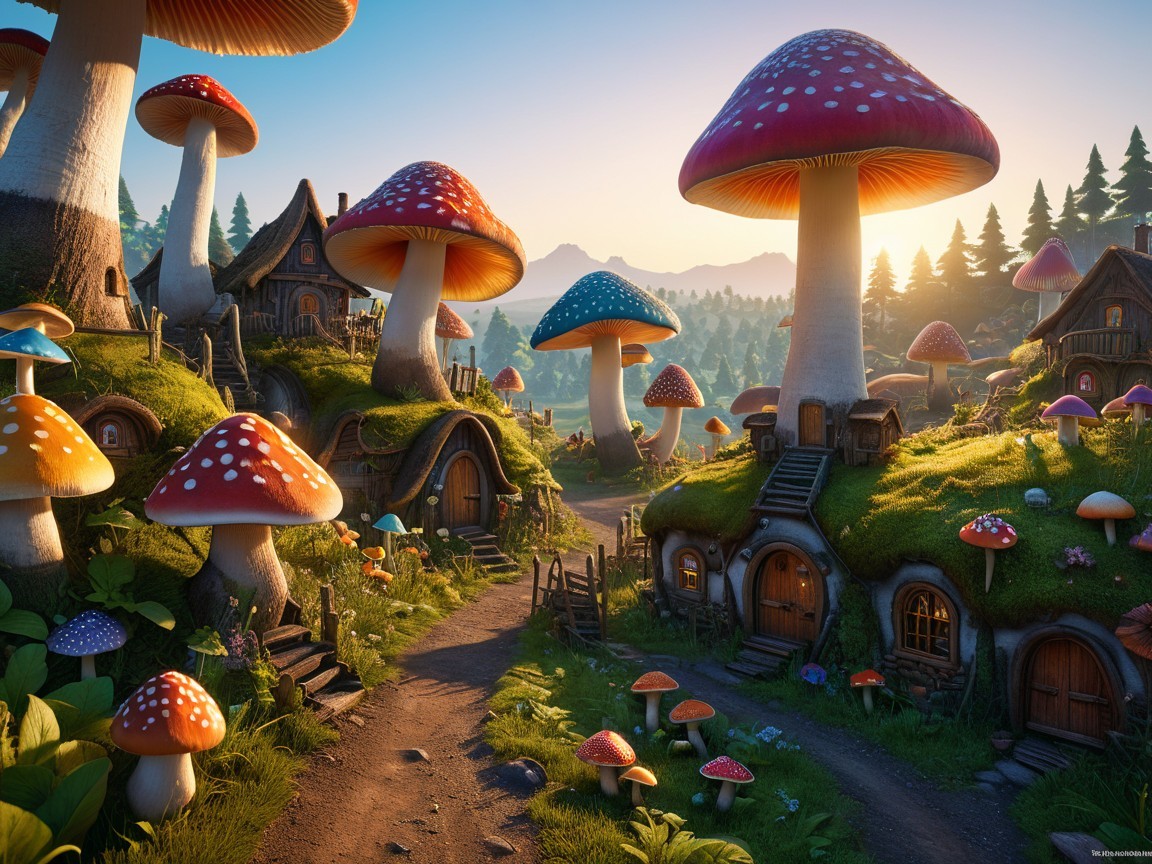 Whimsical Landscape with Colorful Oversized Mushrooms