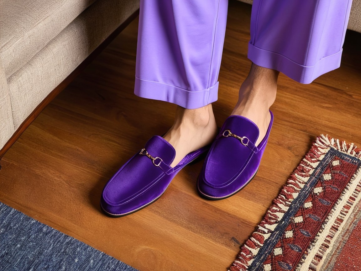Close-Up of Purple Loafers with Gold Chain Detail