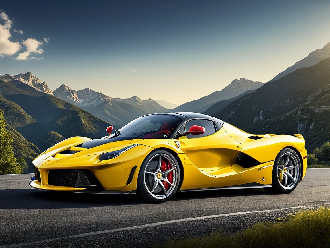 Yellow Sports Car on Mountain Road with Scenic View