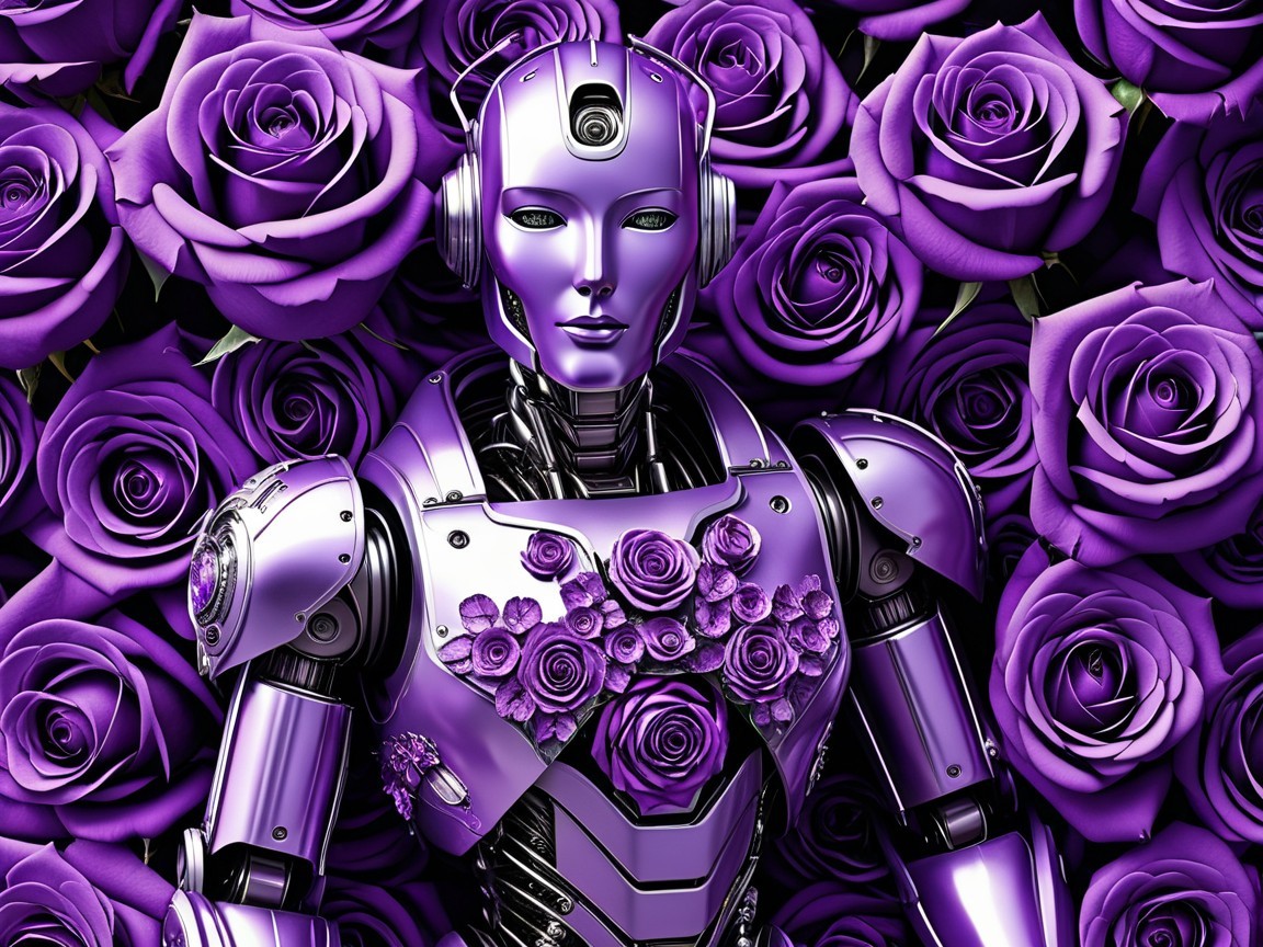 Futuristic Robot with Purple Roses Background
