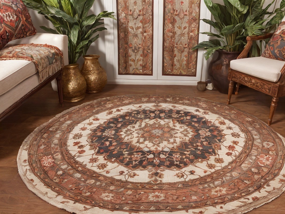 Round Area Rug with Floral Patterns in Earthy Tones