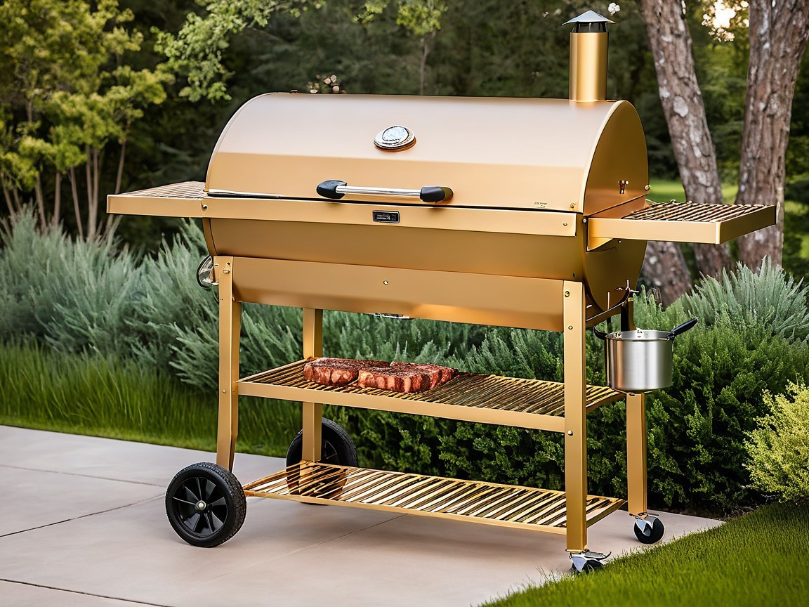 Gold Grill on Patio Surrounded by Lush Greenery