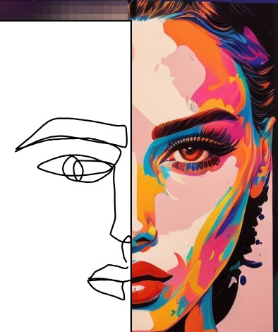 Split image: monochrome line drawing and colorful painting of a woman's face