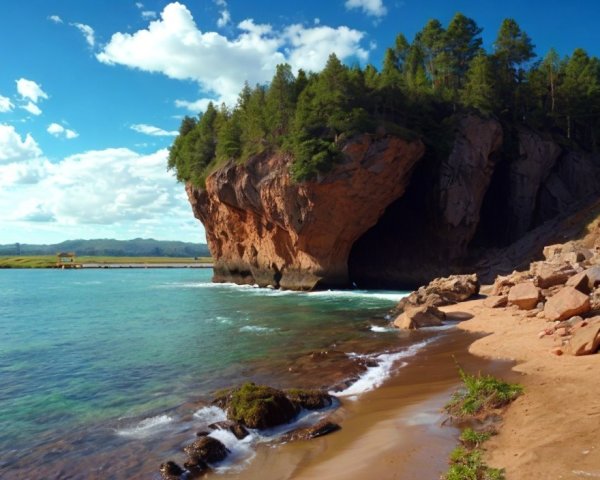 Tranquil beach scene with rocky cliff, lush greenery, and turquoise waters