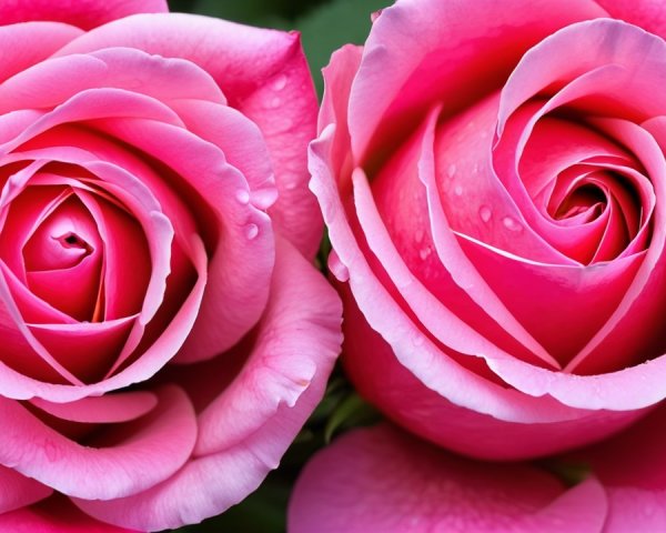 Vibrant Pink Roses with Dewy Petals and Intricate Centers