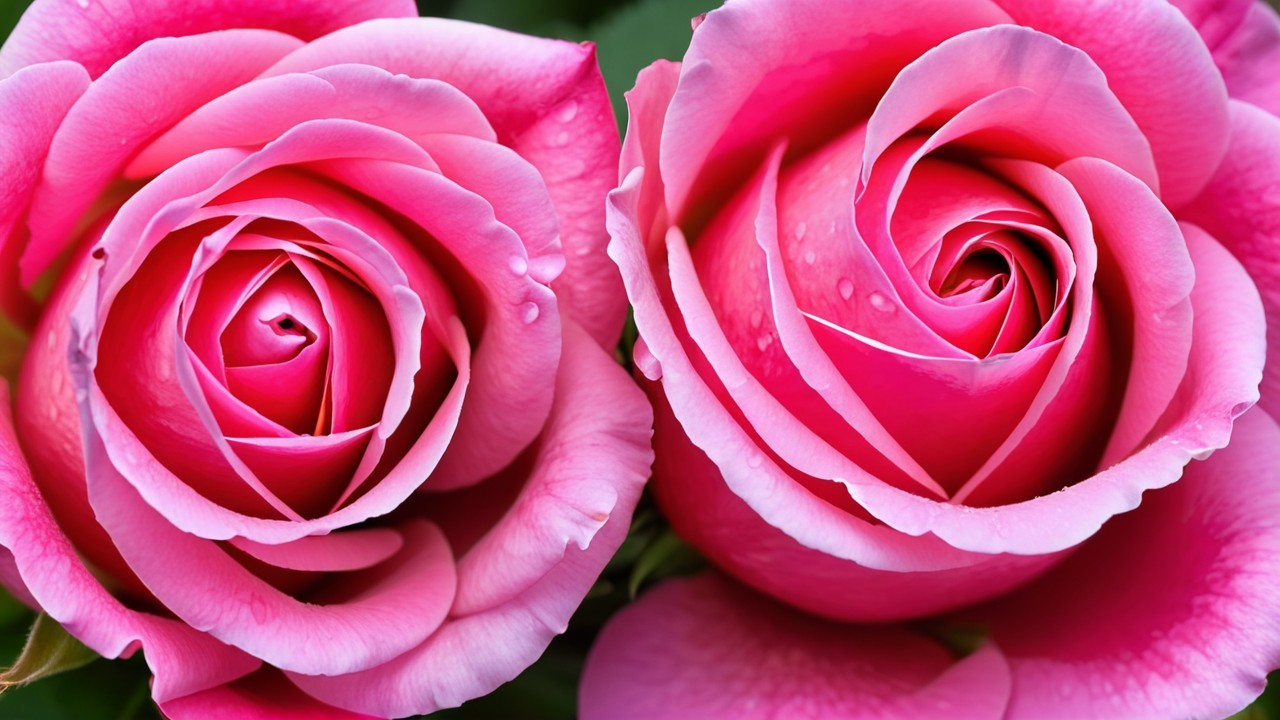 Vibrant Pink Roses with Dewy Petals and Intricate Centers