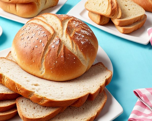 Sliced white bread on plate with loaf on turquoise tablecloth