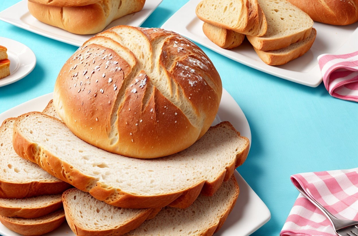 Sliced white bread on plate with loaf on turquoise tablecloth