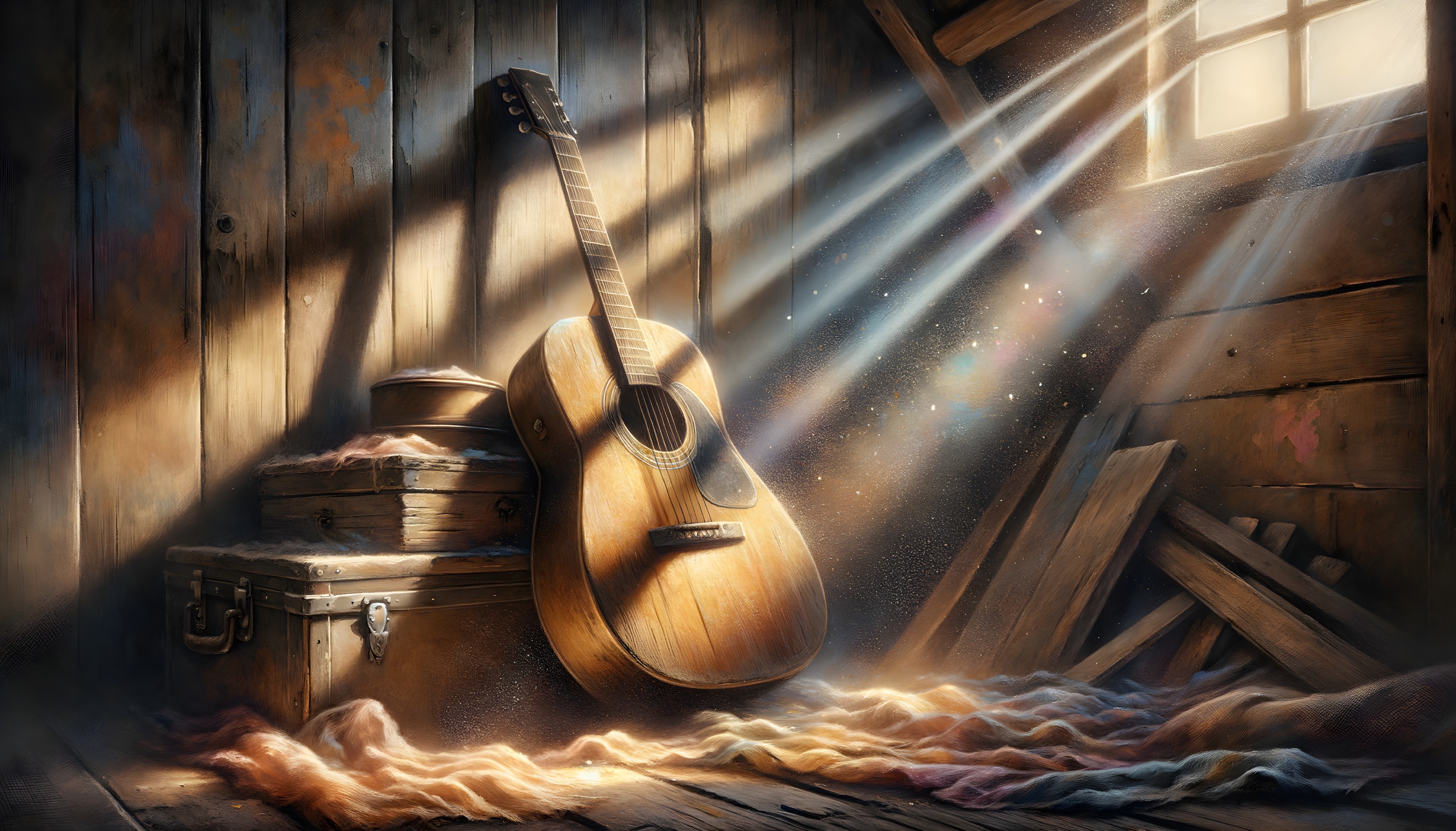 Vintage Acoustic Guitar in Rustic Attic Setting