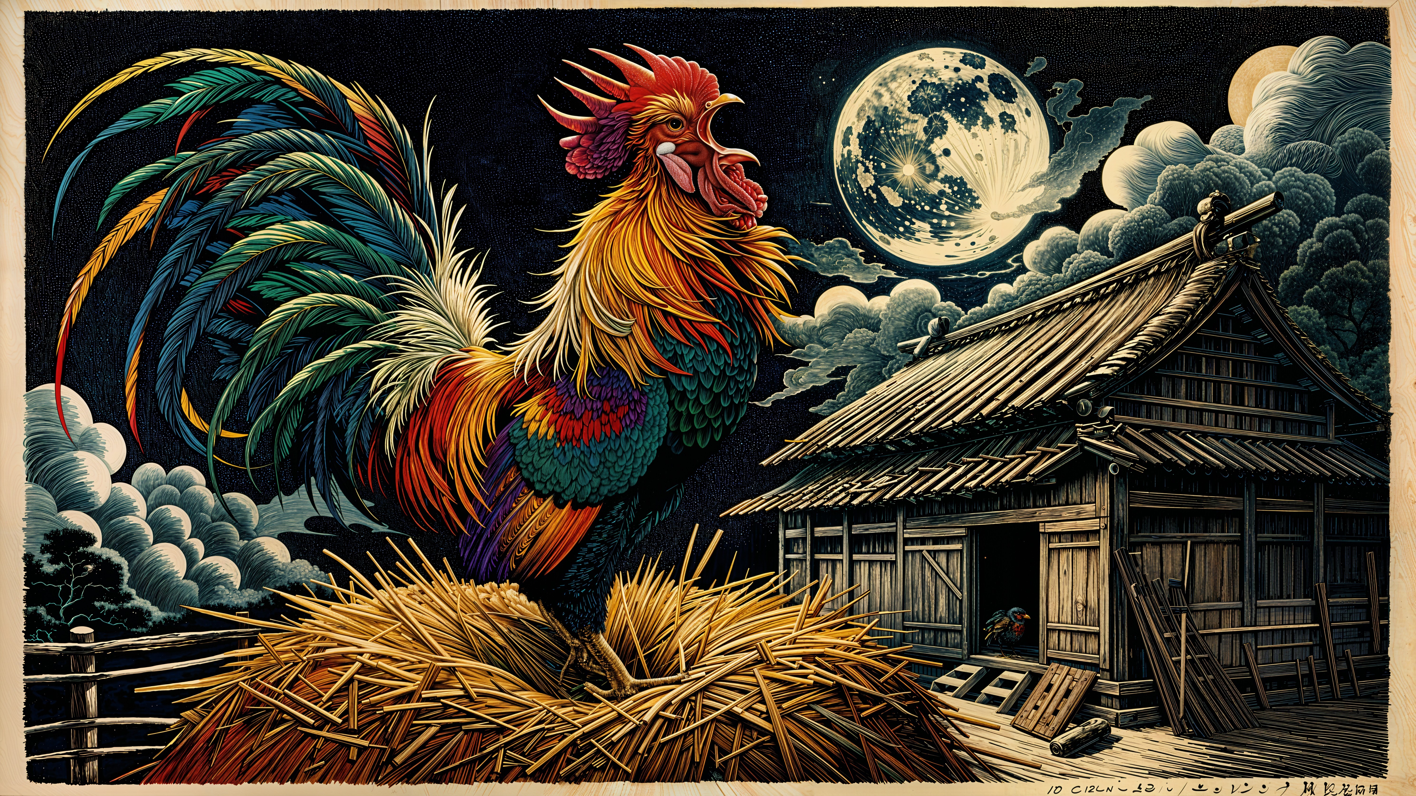 Vibrant Rooster Crowing Under Full Moon Over Barn