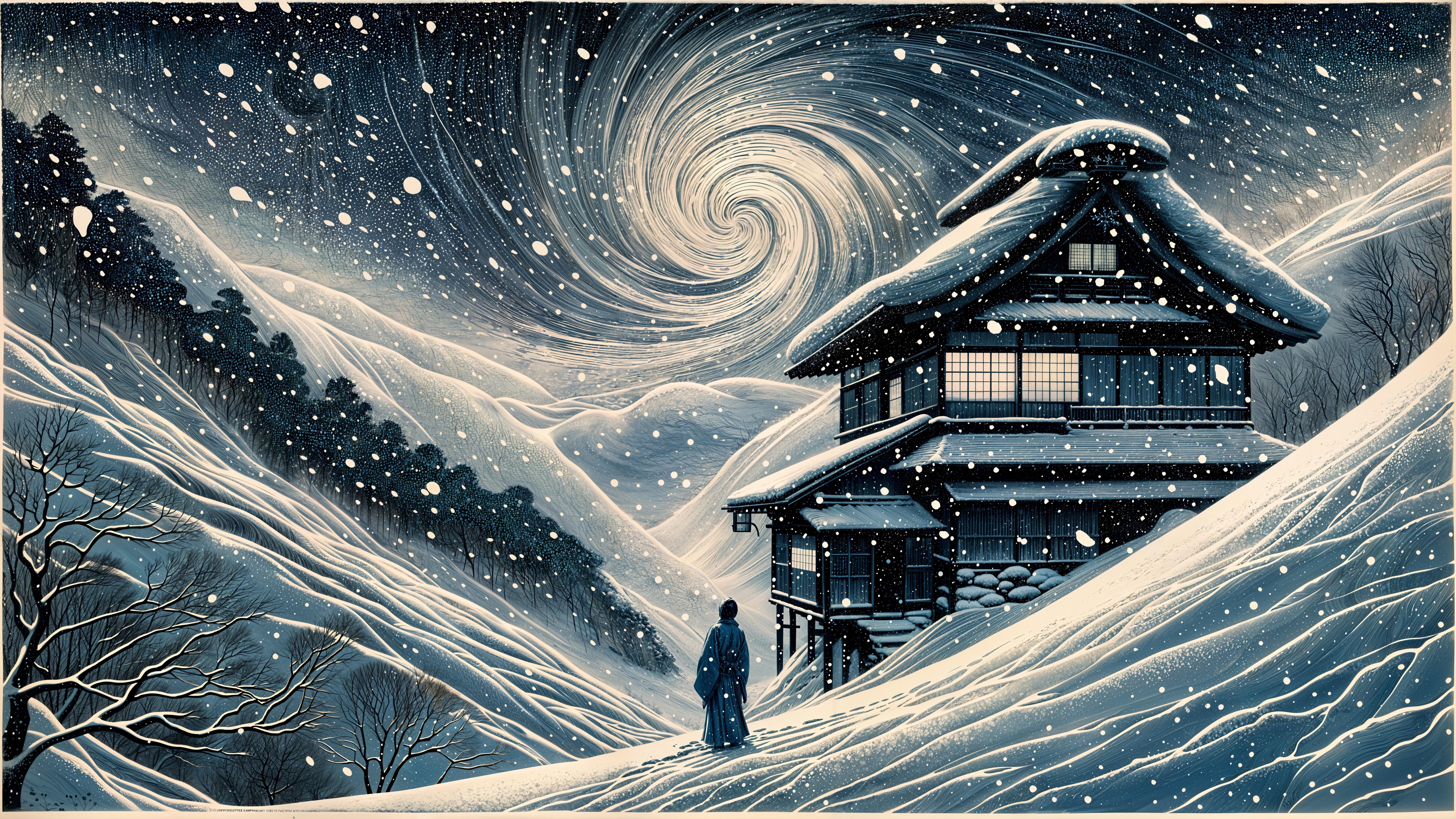 Winter Landscape with Wooden House and Night Sky Vortex