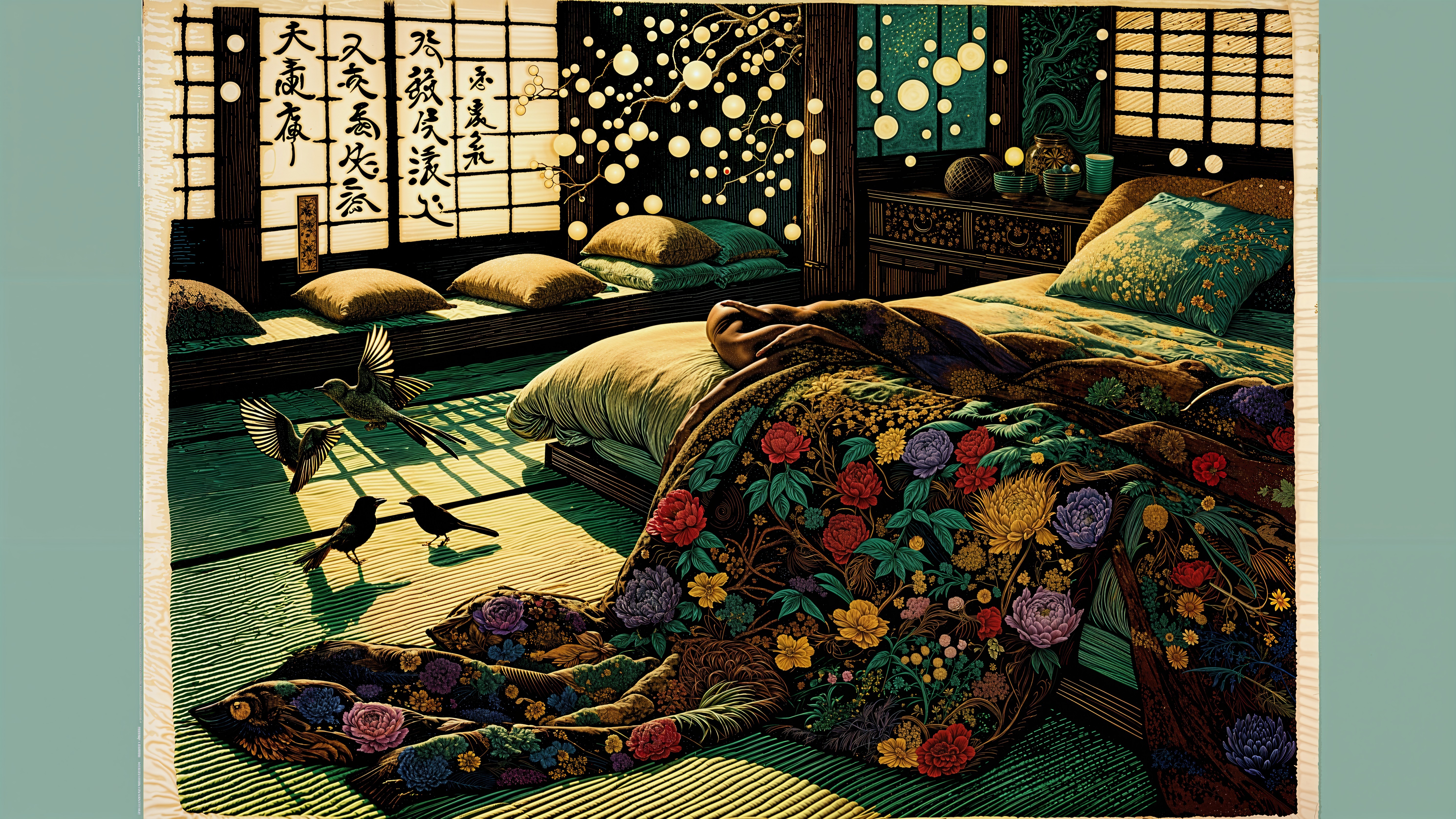 Decorative Bedroom with Floral Coverlet and Lanterns