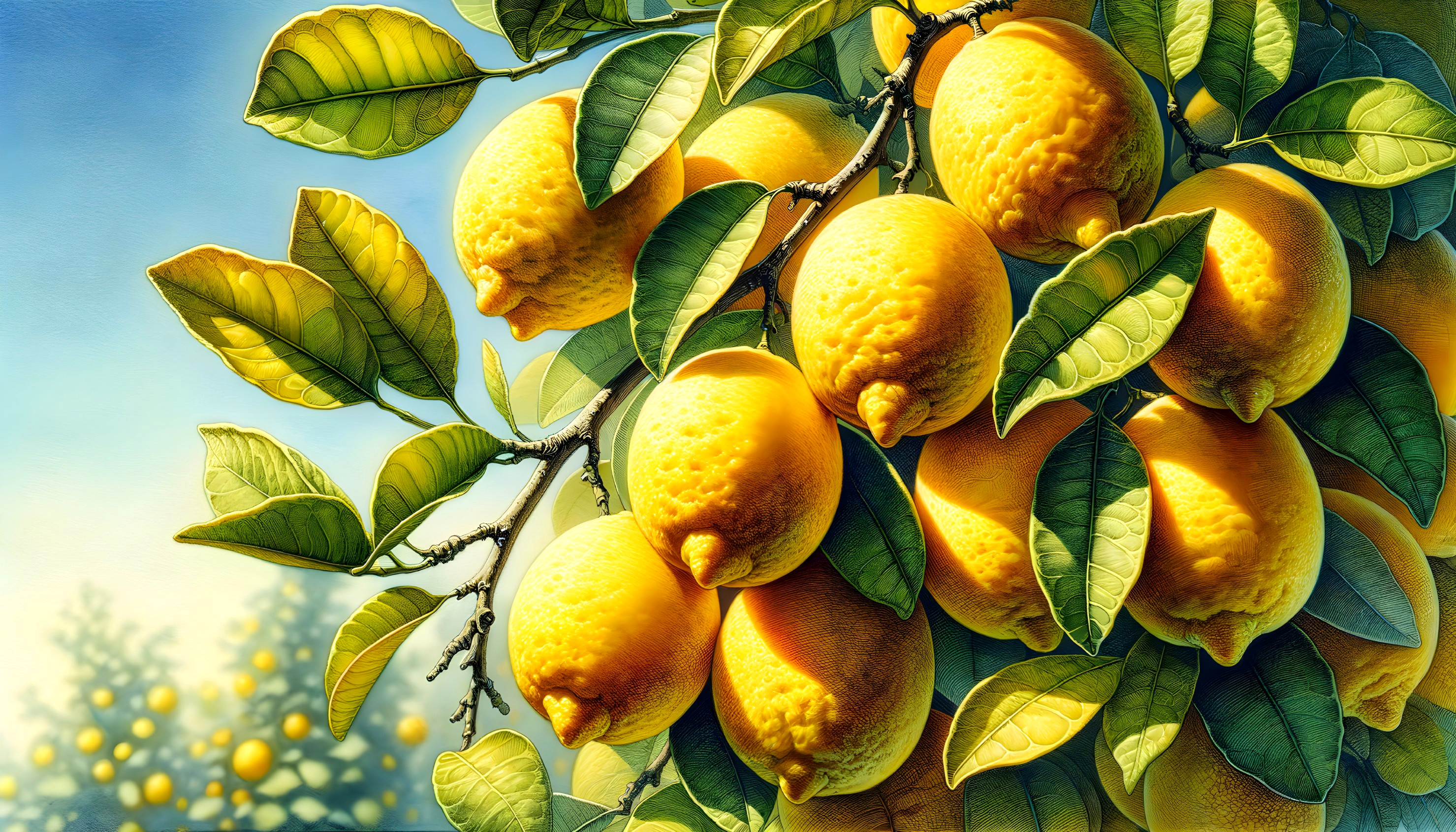 Vibrant Lemon Branch Surrounded by Green Leaves