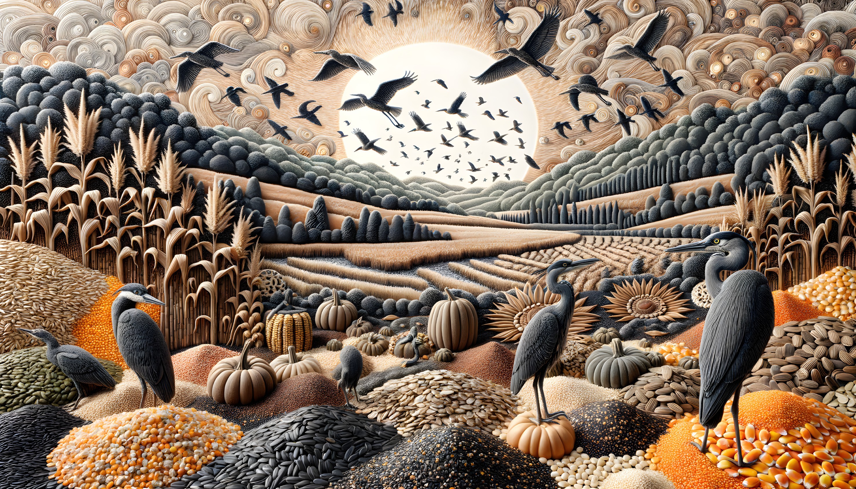 Vibrant Autumn Landscape with Birds and Textures