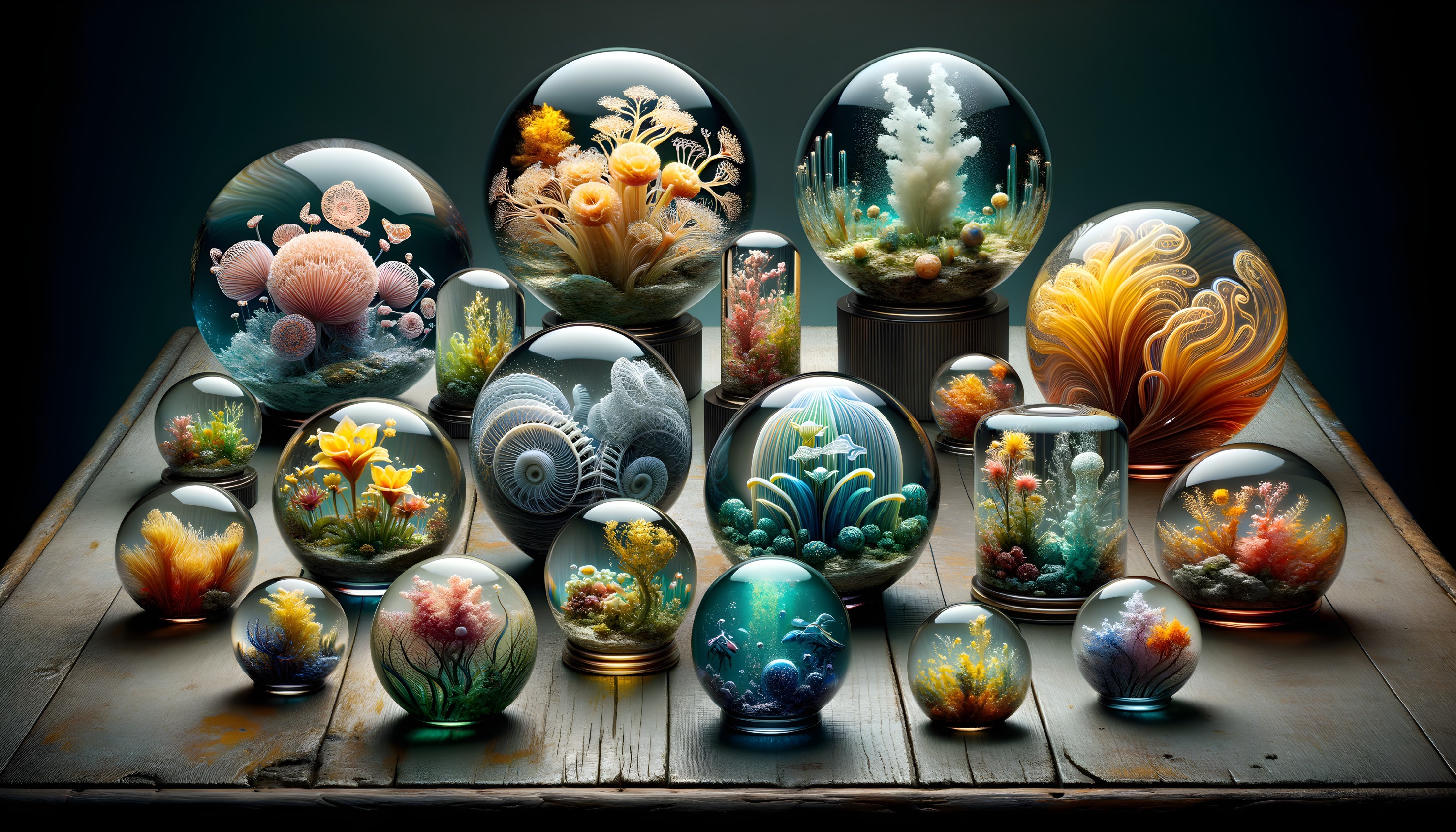 Collection of Intricate Glass Orbs with Underwater Scenes