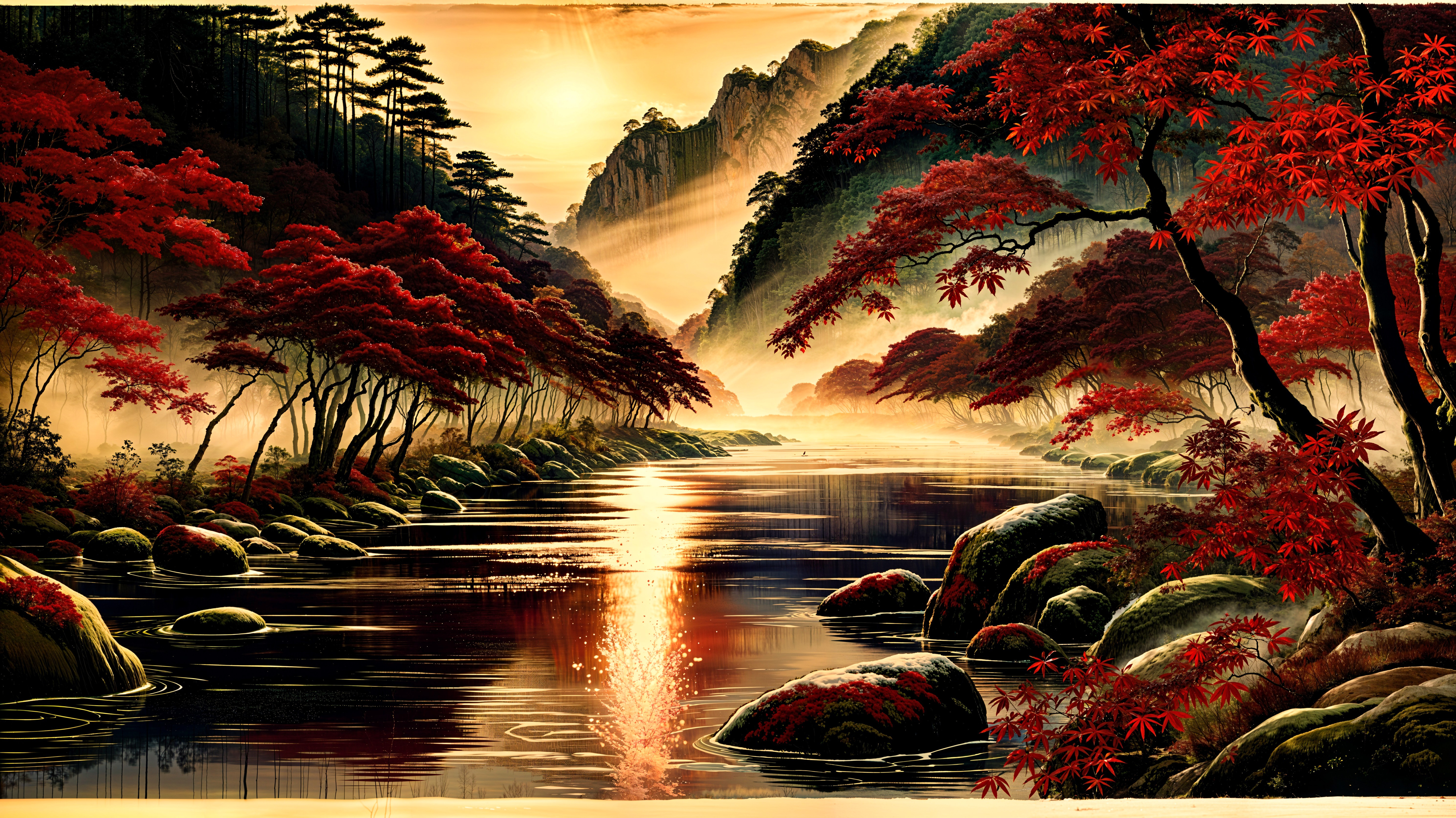 Tranquil River in Autumn Valley with Maple Trees