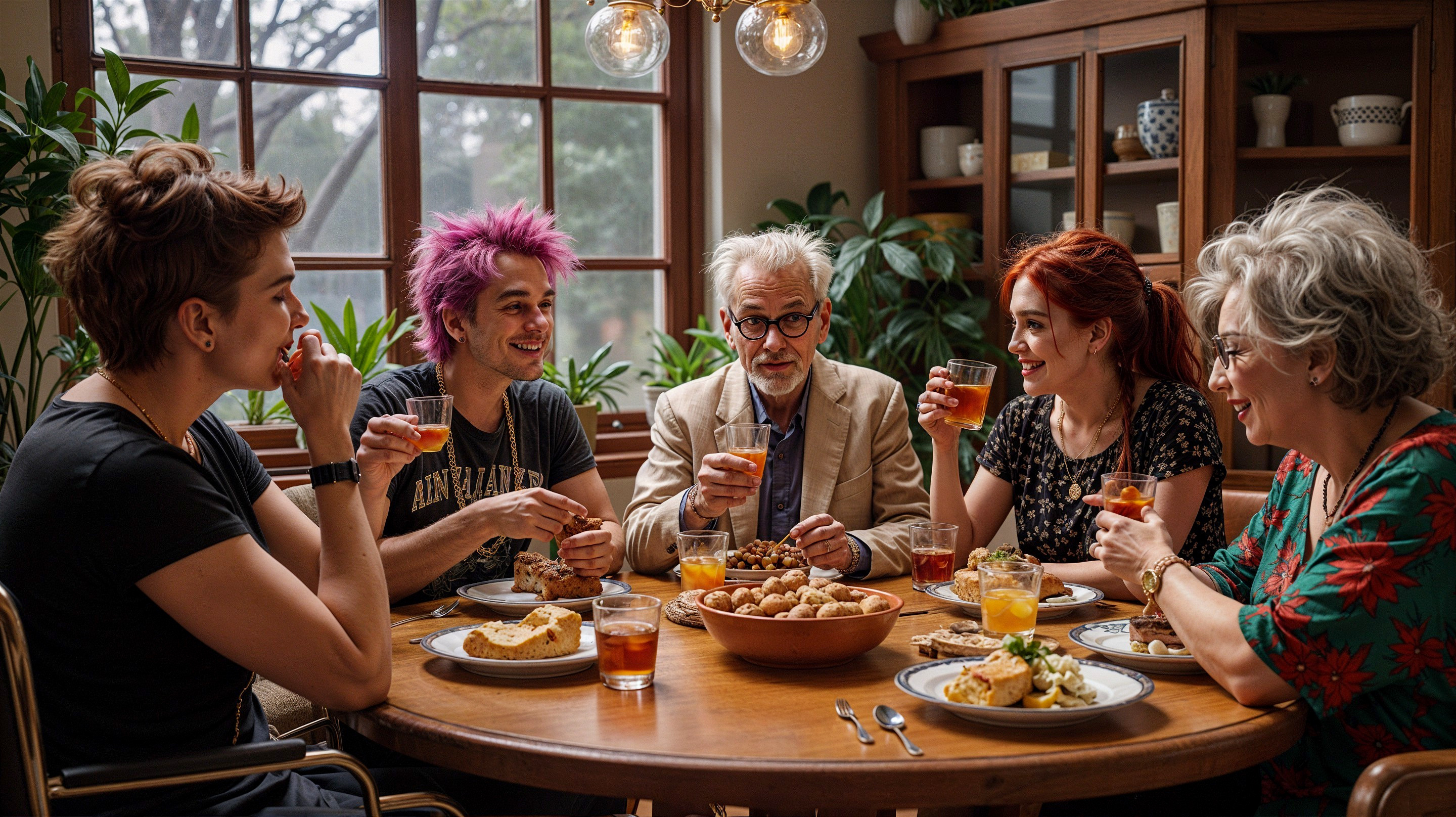 Lively Dinner Table Scene with Diverse Guests and Feast
