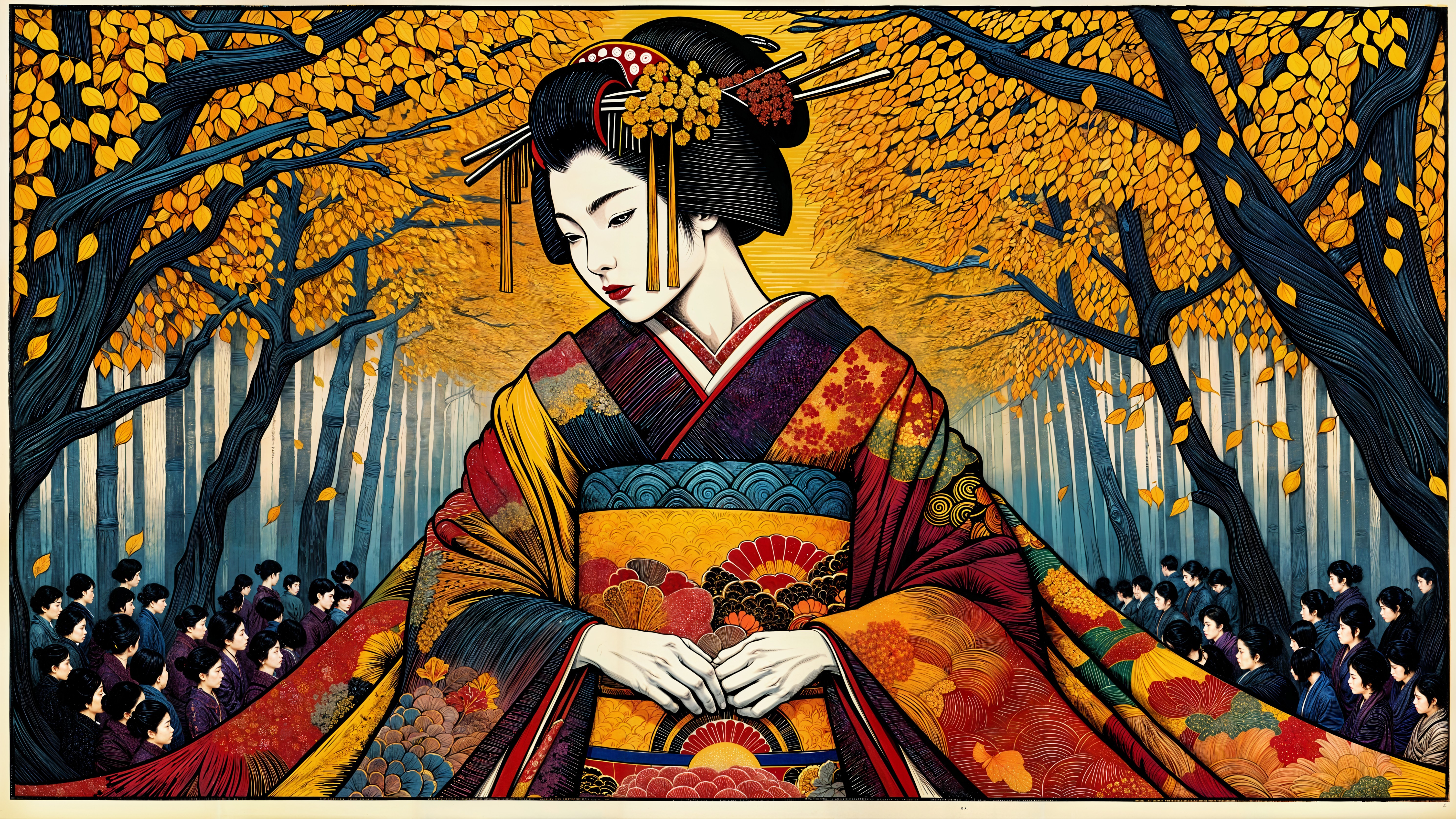 Graceful Figure in Kimono Surrounded by Autumn Leaves