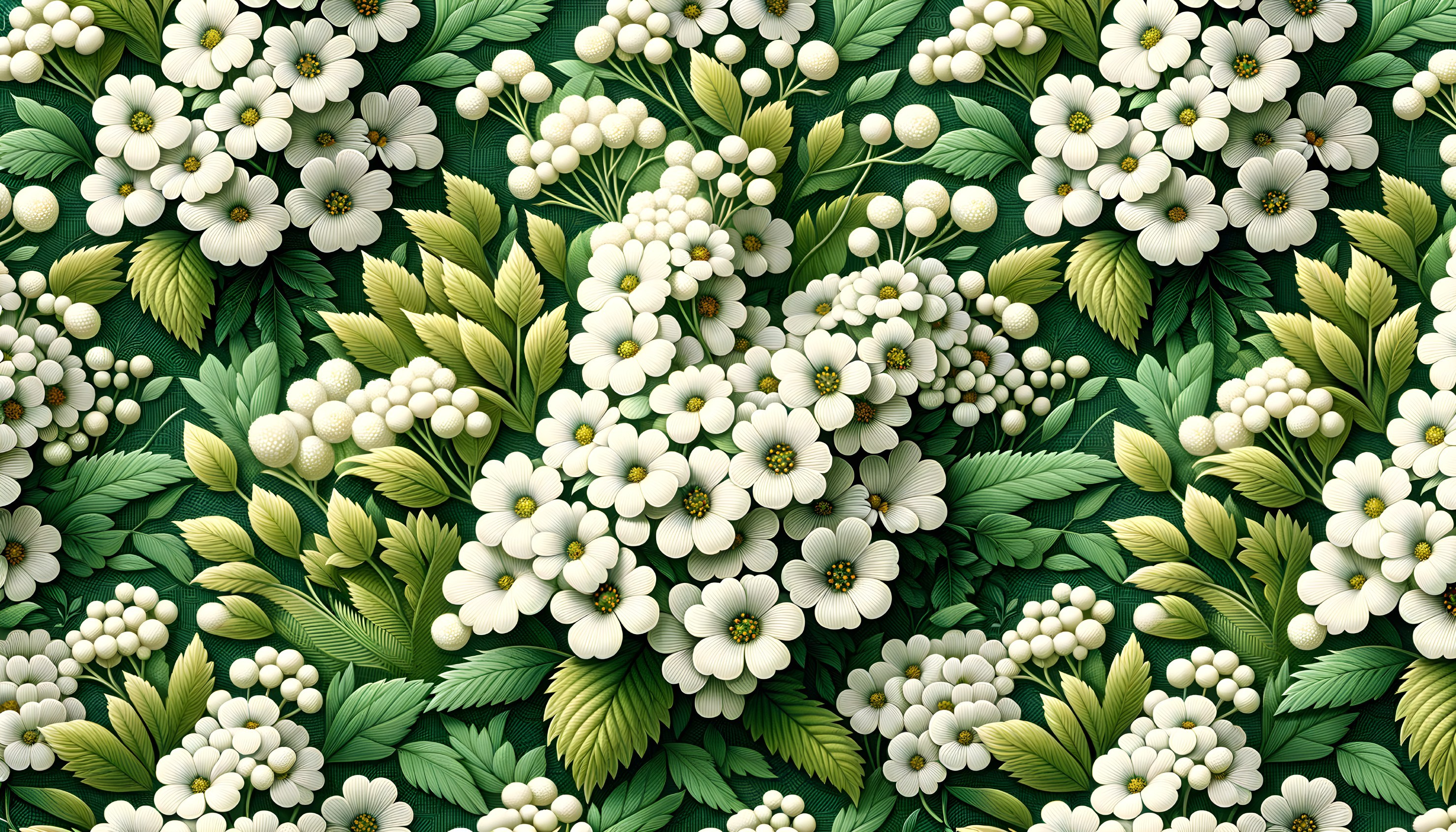 Vibrant Floral Pattern with White Flowers and Green Leaves