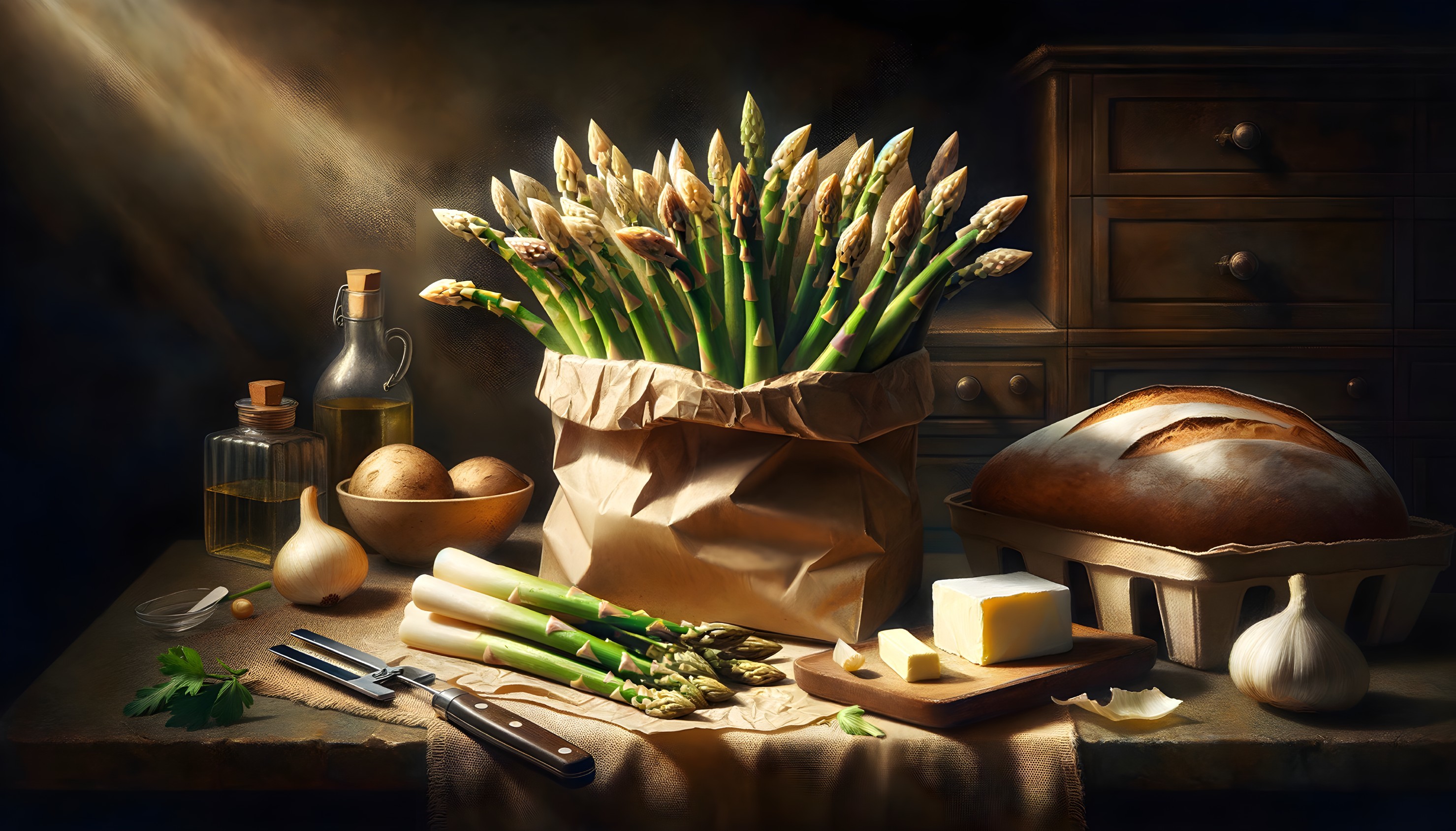 Rustic kitchen scene with fresh asparagus and ingredients