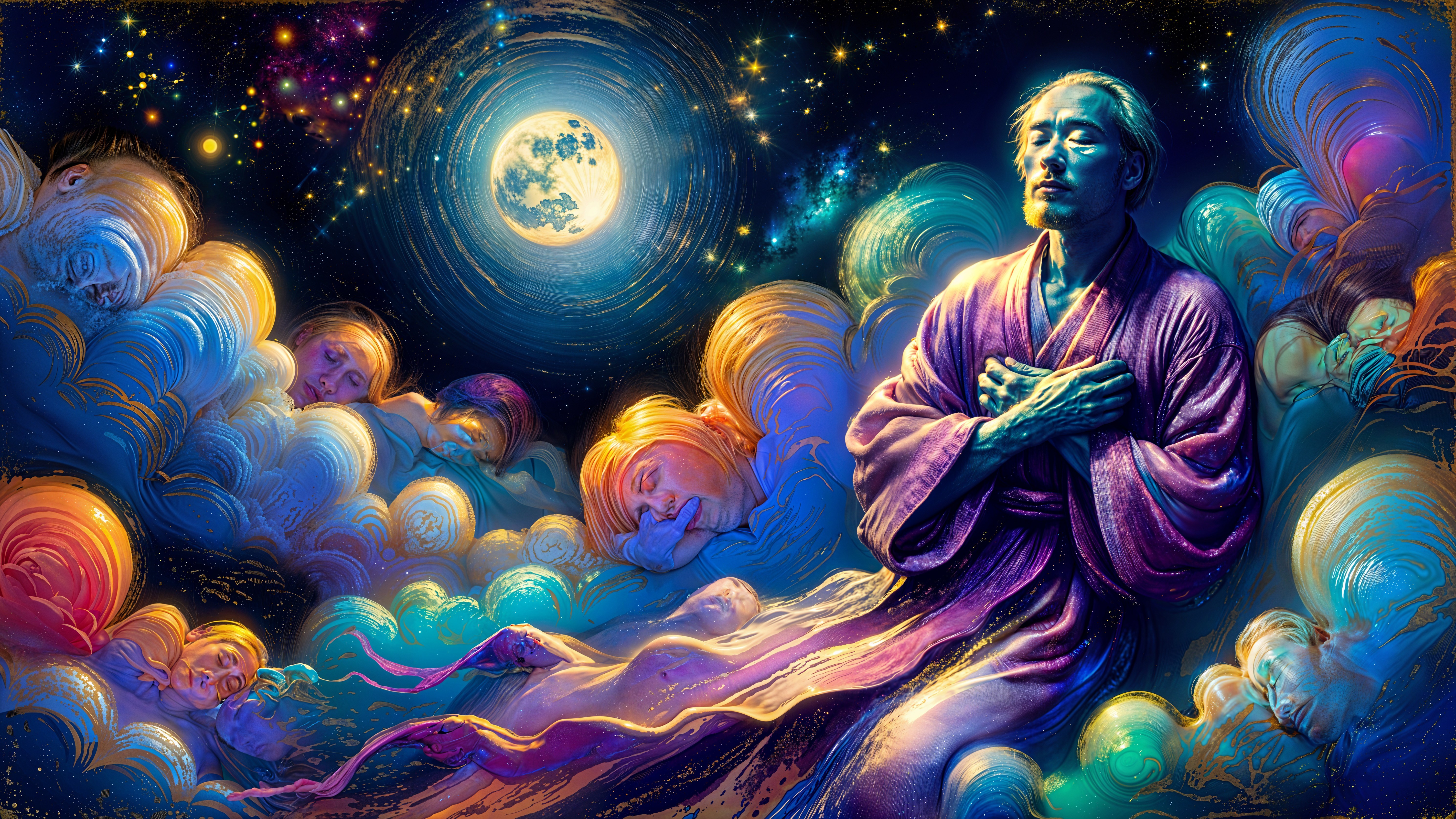 Meditative Figure in Colorful, Mystical Landscape